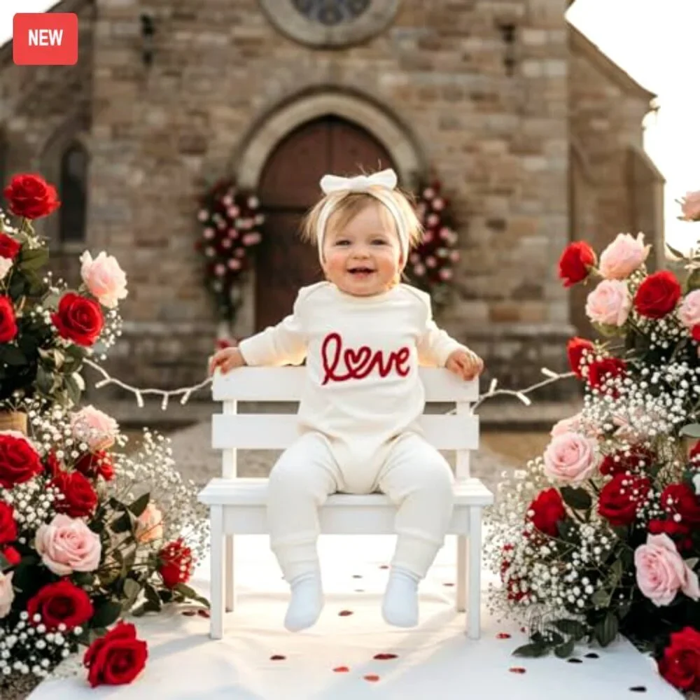Newborn Valentine's Day Romper Long Sleeve Waffle Ruffle Jumpsuit with Headband